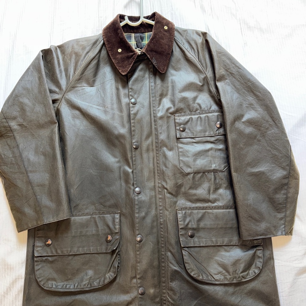 Barbour Olive Waxed Jacket with Brown Corduroy Collar